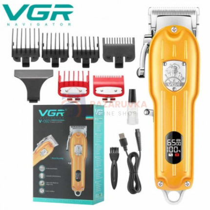 МАШИНКА ЗА ПОДСТРИГВАНЕ VGR 092, СТОМАНЕНО ОСТРИЕ, LCD ДИСПЛЕЙ, 6 ПРИСТАВКИ, USB, КУКА ЗА ЗАКАЧАНЕ, ЗЛАТЕН