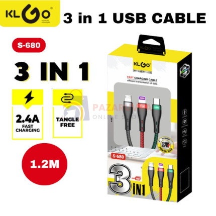 KLGO S-680 – 3-В-1 USB КАБЕЛ ЗА БЪРЗО ЗАРЕЖДАНЕ (2.4A)