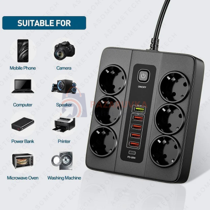УНИВЕРСАЛЕН РАЗКЛОНИТЕЛ С 6 ГНЕЗДА, 5 USB ПОРТА + 1 TYPE-C, QC3.0, 3000W