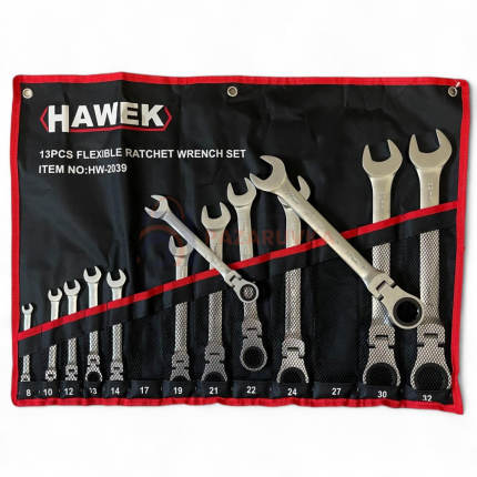 КОМПЛЕКТ ЗВЕЗДОГАЕЧНИ ТРЕСЧОТНИ КЛЮЧОВЕ С ЧУПЕЩО РАМО HAWEK – 13 ЧАСТИ (8–32 ММ)
