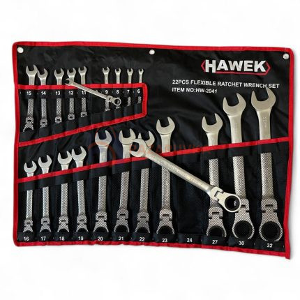 КОМПЛЕКТ ЗВЕЗДОГАЕЧНИ ТРЕСЧОТНИ КЛЮЧОВЕ С ЧУПЕЩО РАМО HAWEK – 22 ЧАСТИ (6–32 ММ)