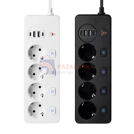 РАЗКЛОНИТЕЛ СЪС ЗАЩИТА 4 ГНЕЗДА + 2 USB + 2 TYPE-C FAST CHARGE