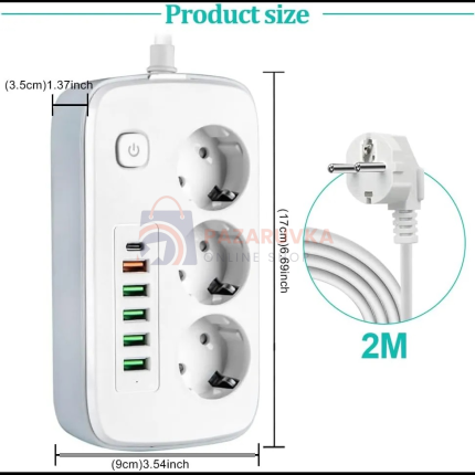 УДЪЛЖИТЕЛЕН КАБЕЛ ЗА БЮРО 2 М – 3 КОНТАКТА + 5 USB ПОРТА (5V/2.1A)