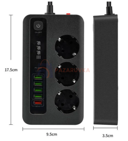 РАЗКЛОНИТЕЛ СЪС ЗАЩИТА ОТ ПРЕТОВАРВАНЕ – 3 AC ИЗХОДА + 6 USB, 3000W, PD20W, QC3.0, 2 М КАБЕЛ