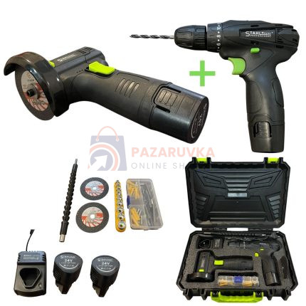 КОМПЛЕКТ АКУМУЛАТОРЕН ВИНТОВЕРТ + МИНИ ЪГЛОШЛАЙФ STAHLMAYER 24V